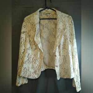 Cabi Creamy White Button Up  Lace Blazer